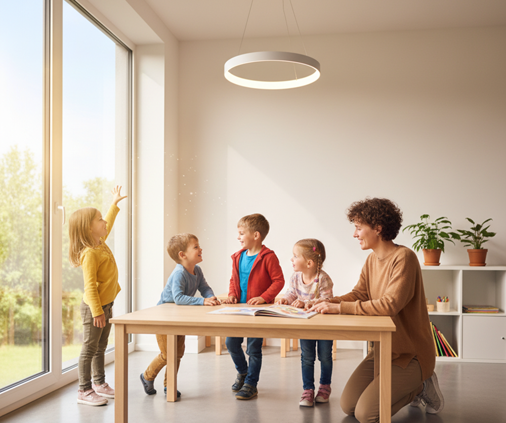 Five children and a teacher interacting around a small wooden table in a bright classroom with large windows and modern dec